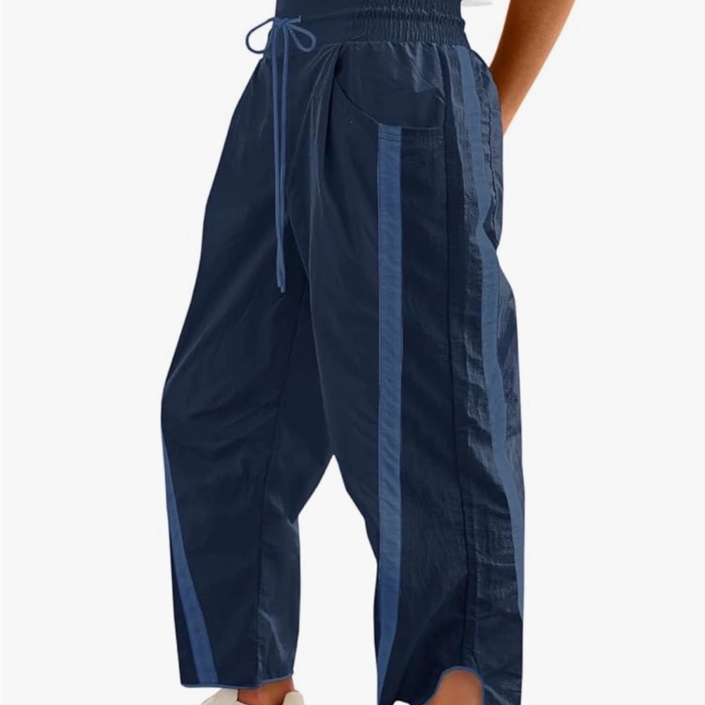 Woven Navy Wide-Leg Track Pants with Side Stripe size L